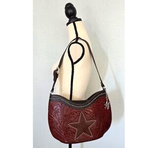 American West Tooled Leather Star Shoulder Bag Brown Medium Western Boho